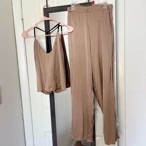 Lunya Washable Silk PJ set in tan